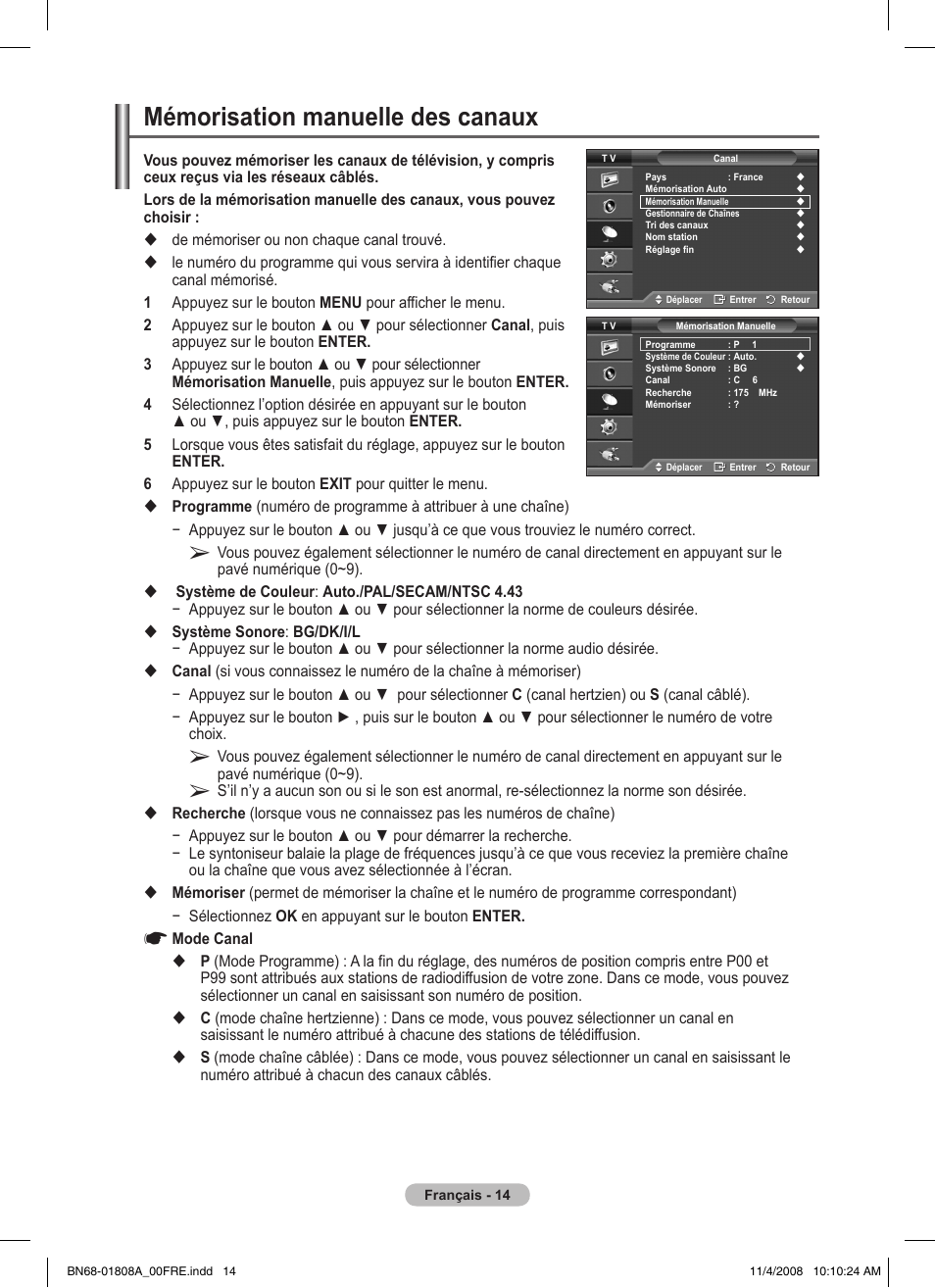 Mémorisation manuelle des canaux | Samsung PS50A410C1 User Manual | Page 51 / 455