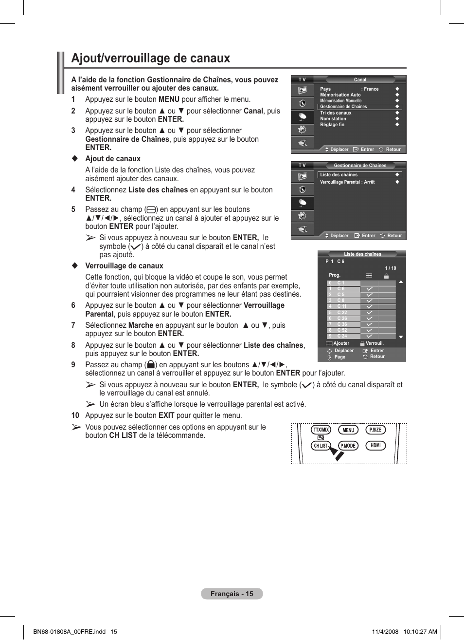 Ajout/verrouillage de canaux | Samsung PS50A410C1 User Manual | Page 52 / 455