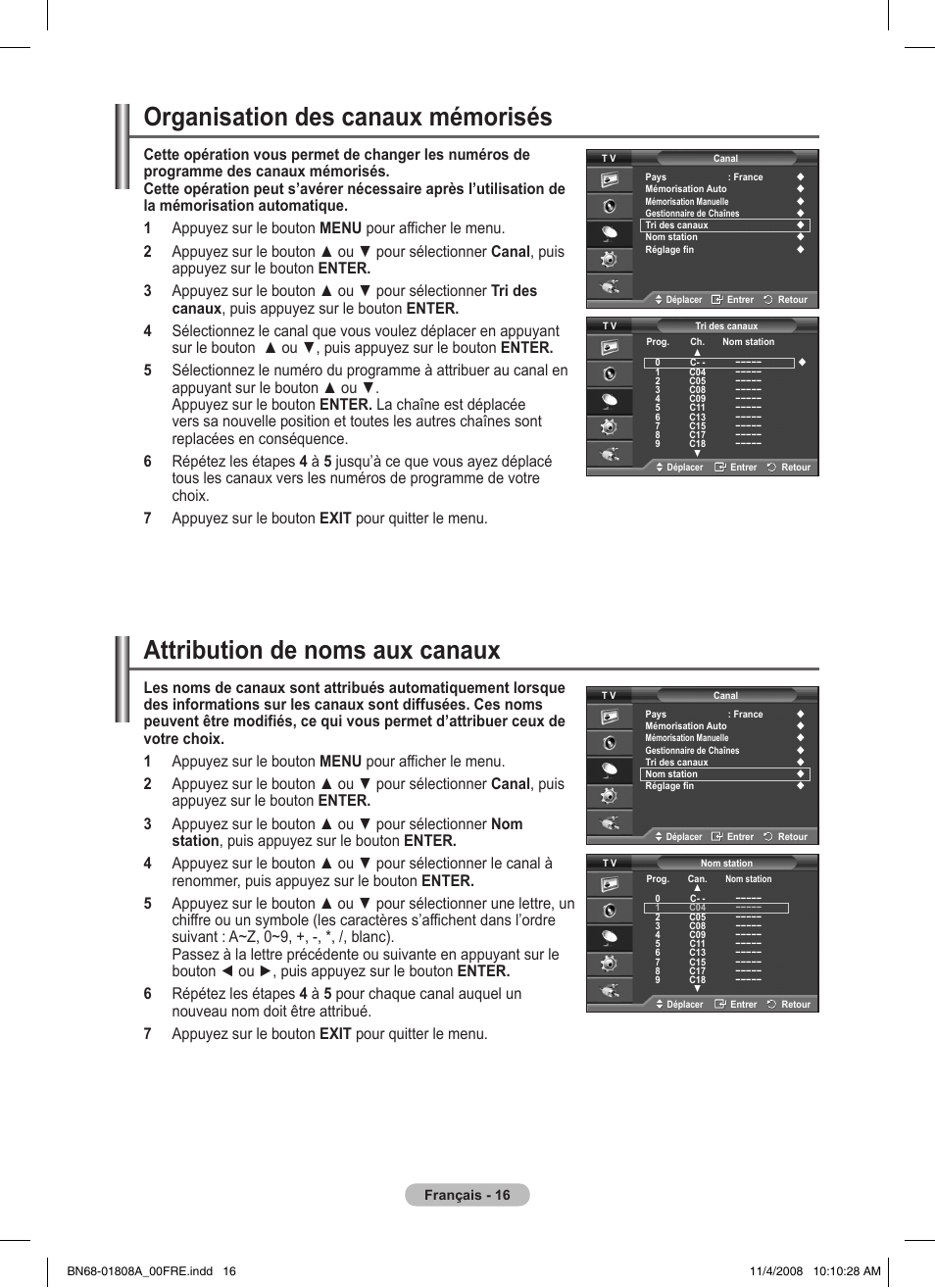 Organisation des canaux mémorisés, Attribution de noms aux canaux | Samsung PS50A410C1 User Manual | Page 53 / 455