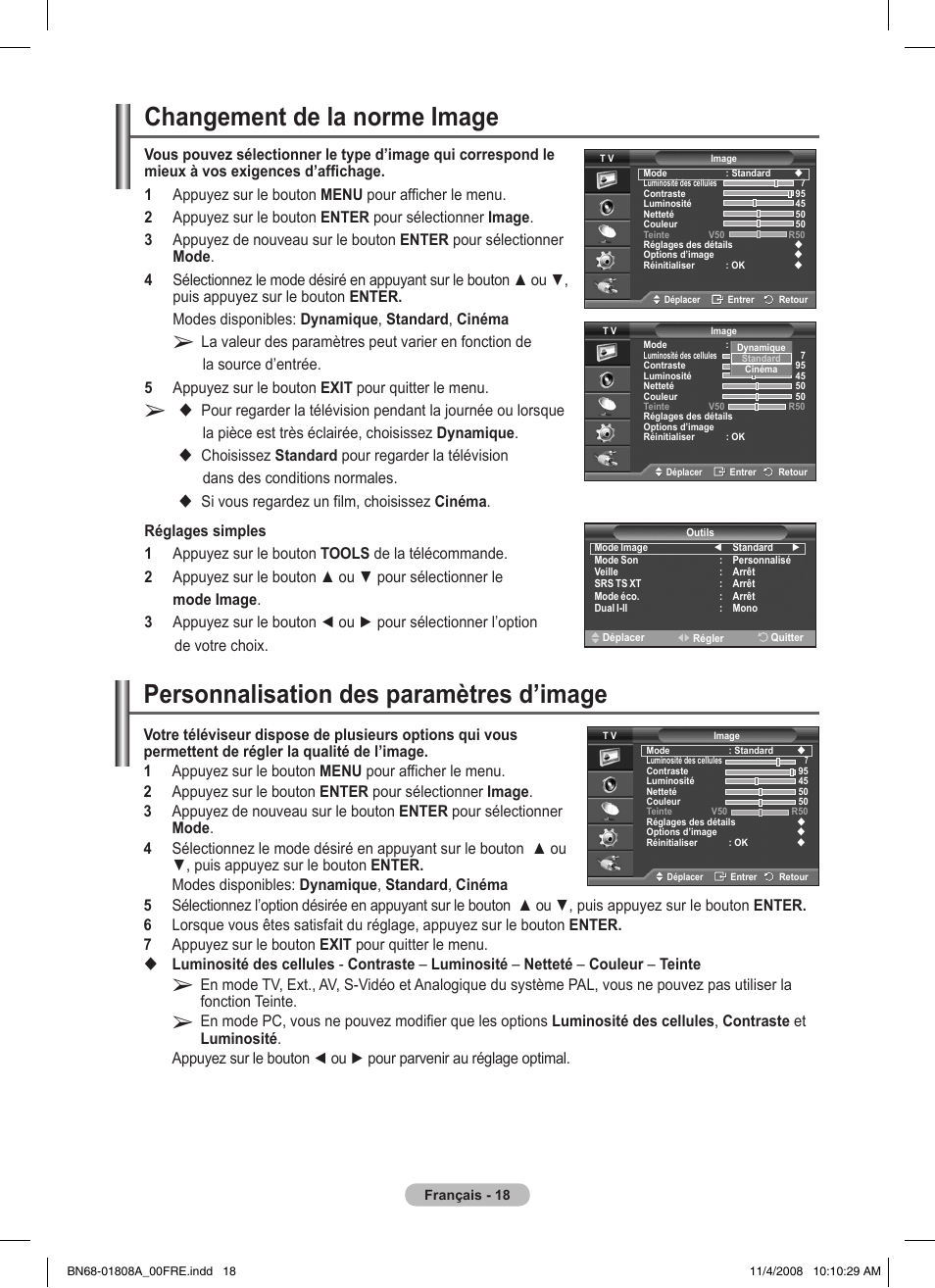 Changement de la norme image, Personnalisation des paramètres d’image | Samsung PS50A410C1 User Manual | Page 55 / 455