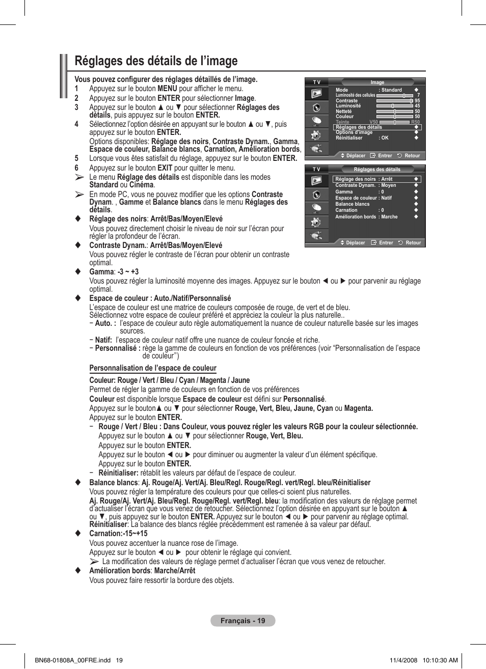 Réglages des détails de l’image | Samsung PS50A410C1 User Manual | Page 56 / 455