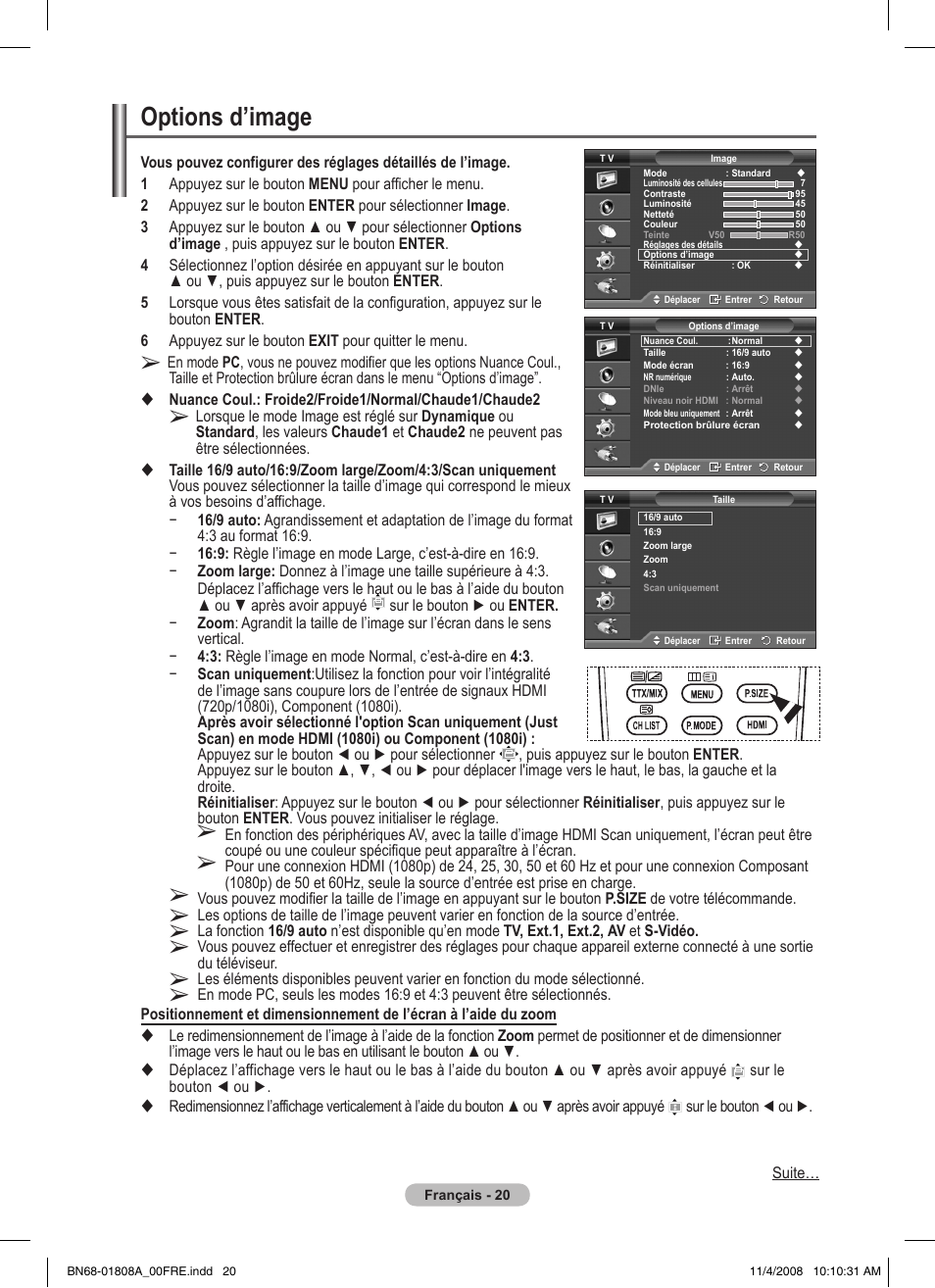 Options d’image | Samsung PS50A410C1 User Manual | Page 57 / 455