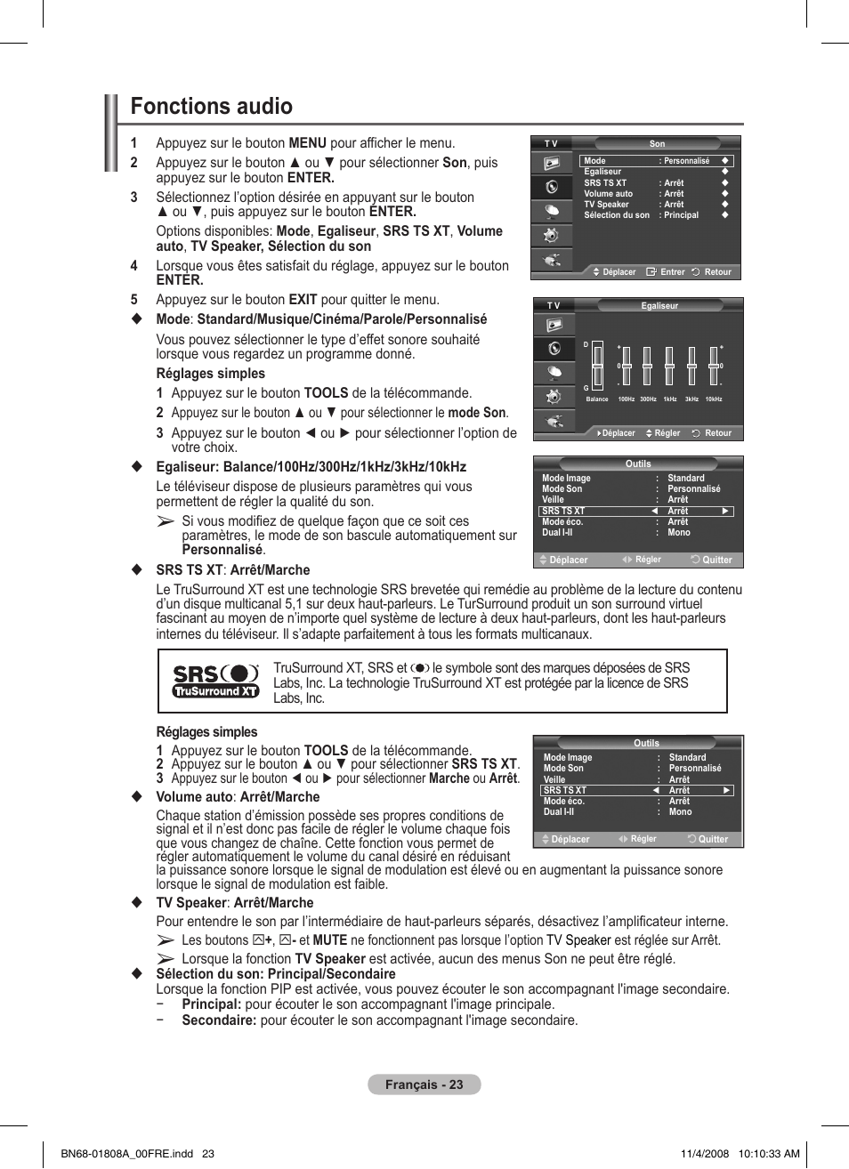 Fonctions audio | Samsung PS50A410C1 User Manual | Page 60 / 455