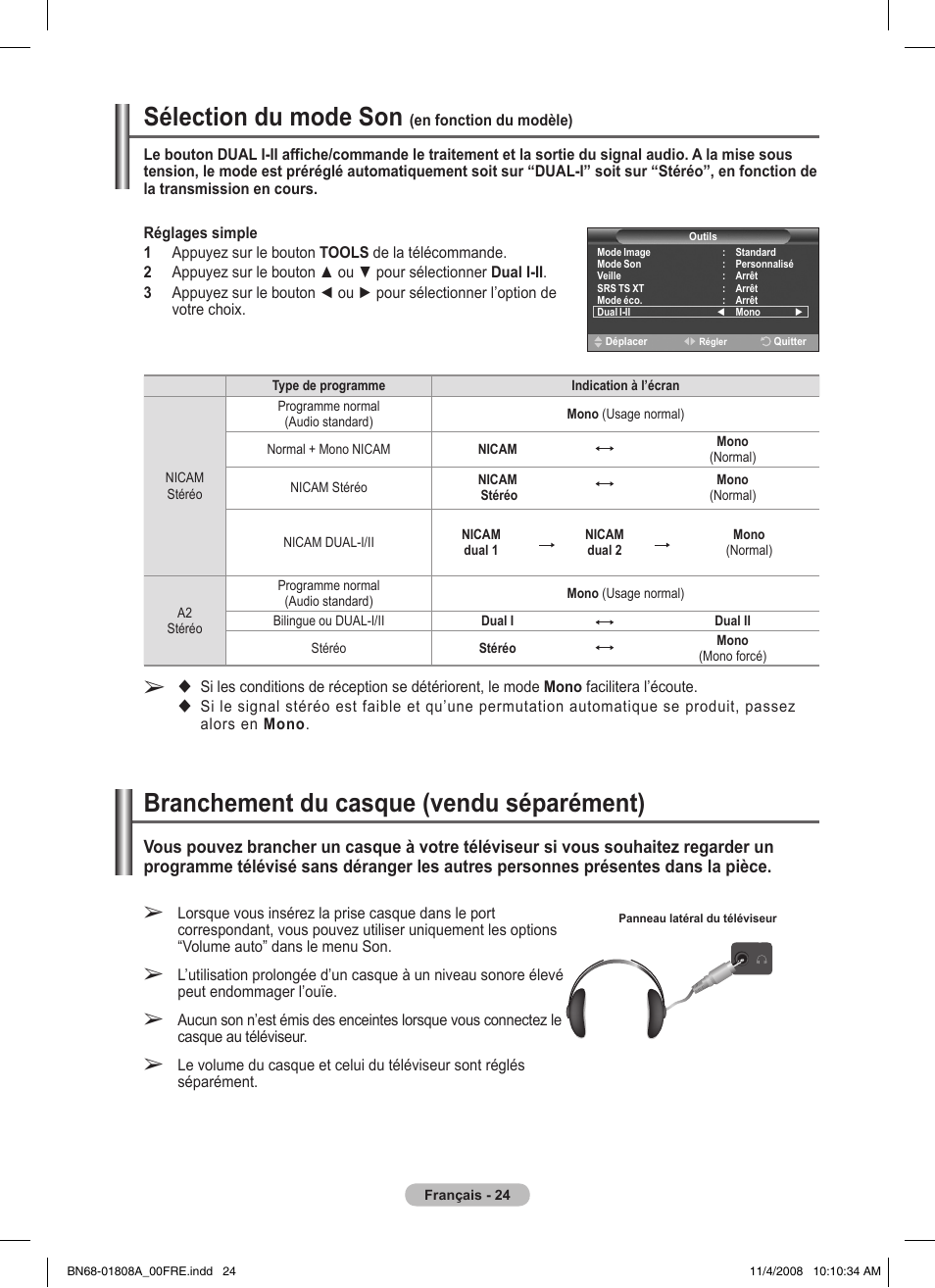 Sélection du mode son, Branchement du casque (vendu séparément) | Samsung PS50A410C1 User Manual | Page 61 / 455