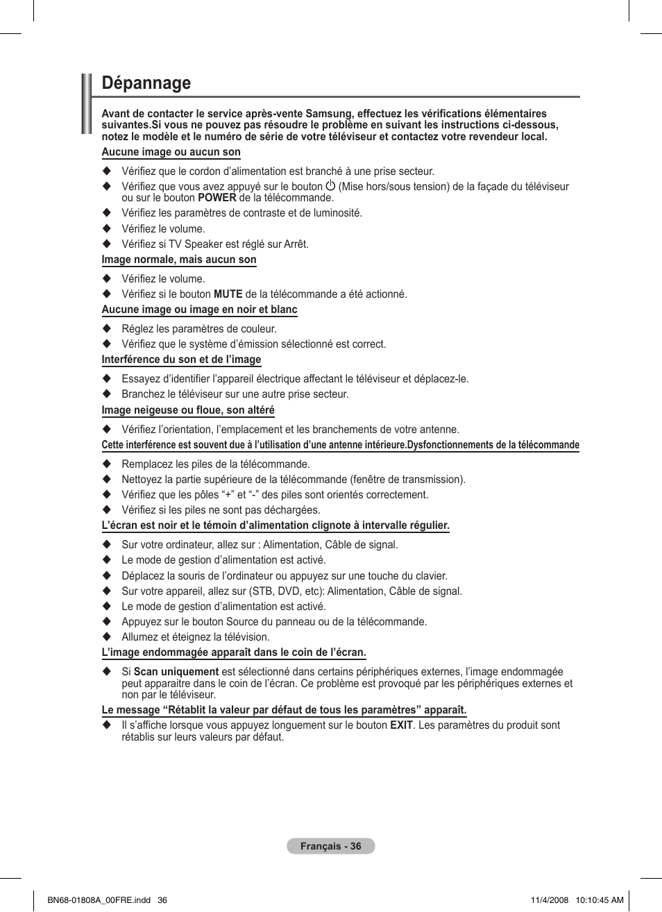 Dépannage | Samsung PS50A410C1 User Manual | Page 73 / 455