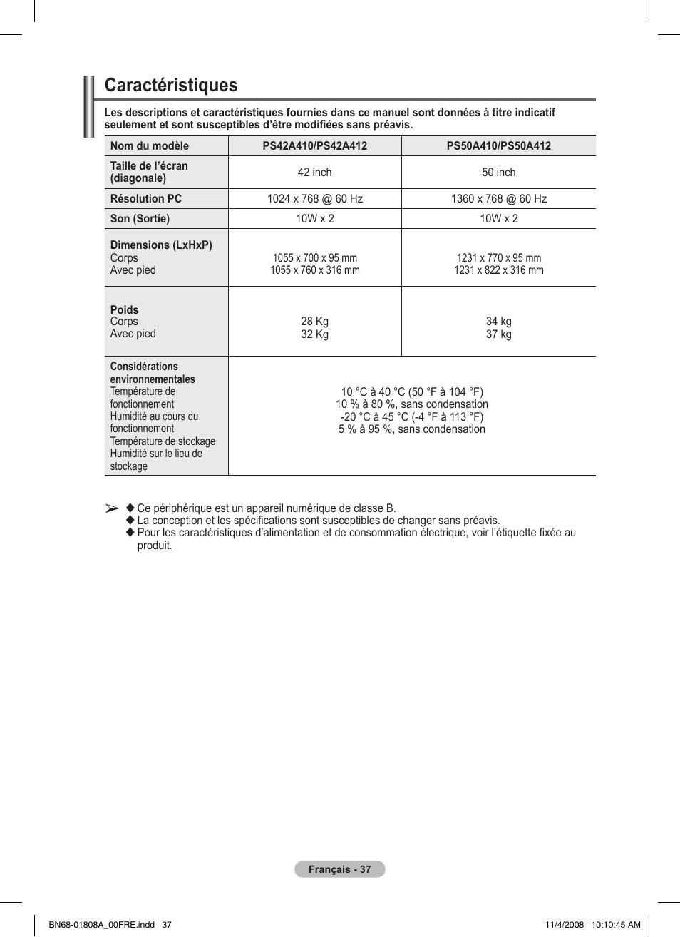 Caractéristiques | Samsung PS50A410C1 User Manual | Page 74 / 455
