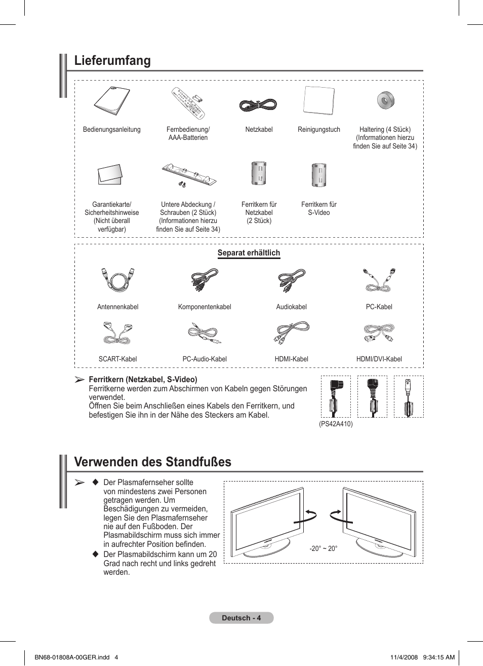 Lieferumfang, Verwenden des standfußes | Samsung PS50A410C1 User Manual | Page 79 / 455