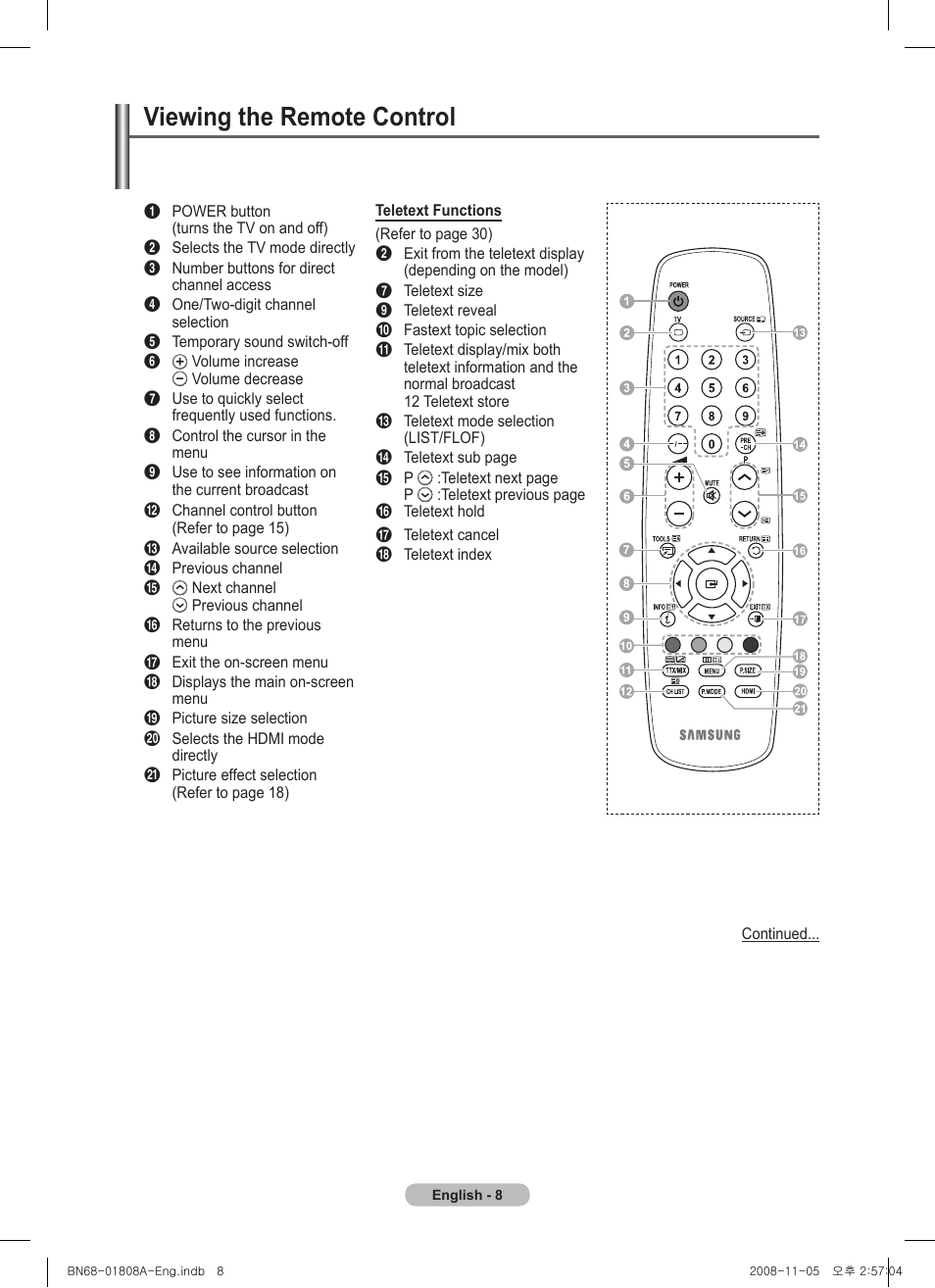 Viewing the remote control | Samsung PS50A410C1 User Manual | Page 8 / 455