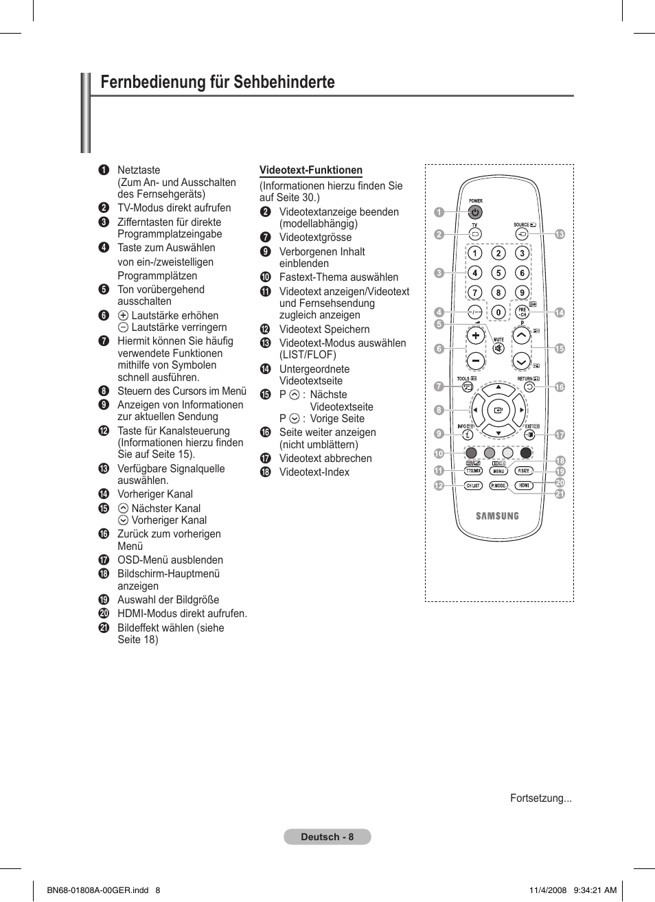 Fernbedienung für sehbehinderte | Samsung PS50A410C1 User Manual | Page 83 / 455