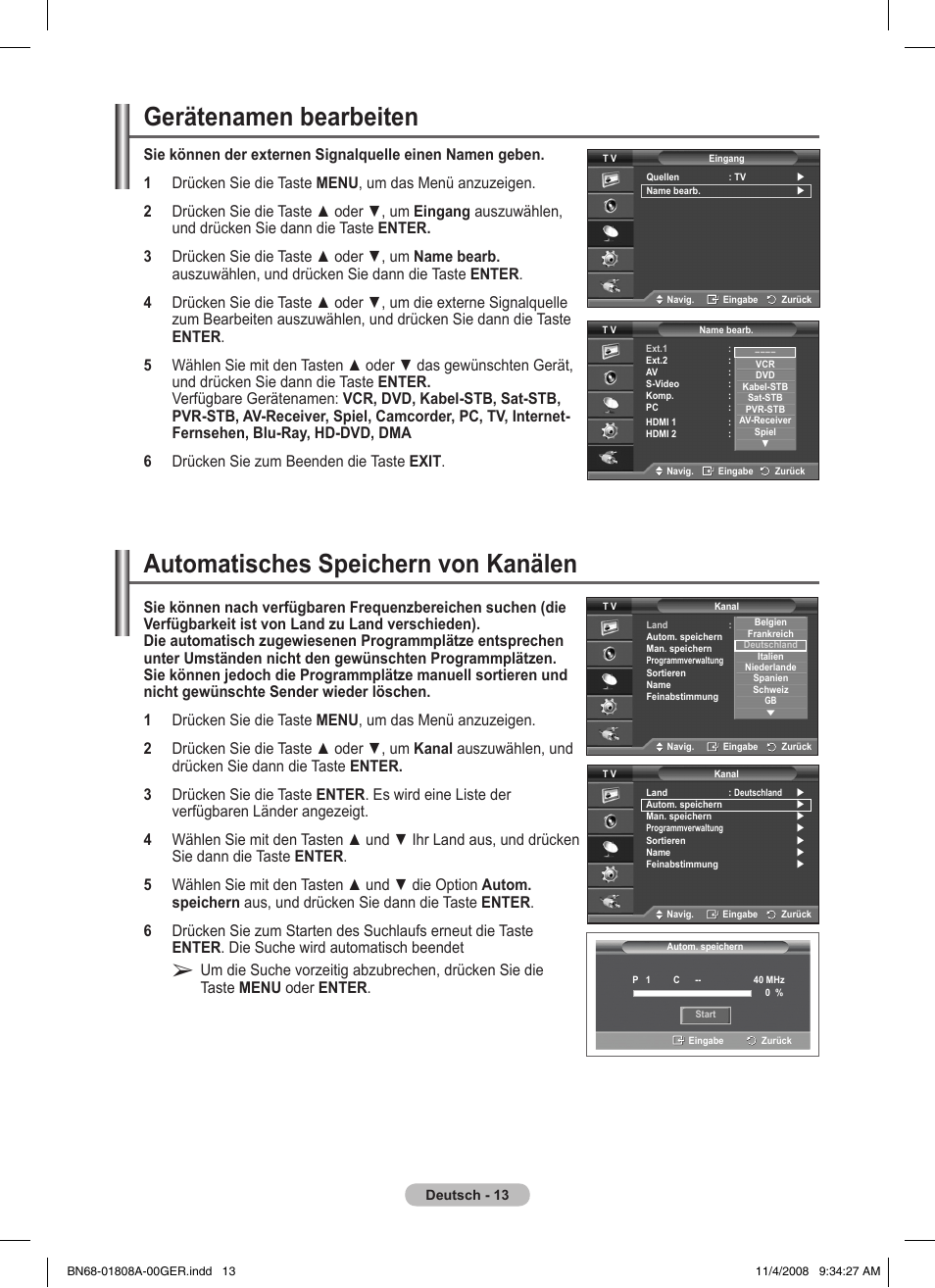 Gerätenamen bearbeiten, Automatisches speichern von kanälen | Samsung PS50A410C1 User Manual | Page 88 / 455