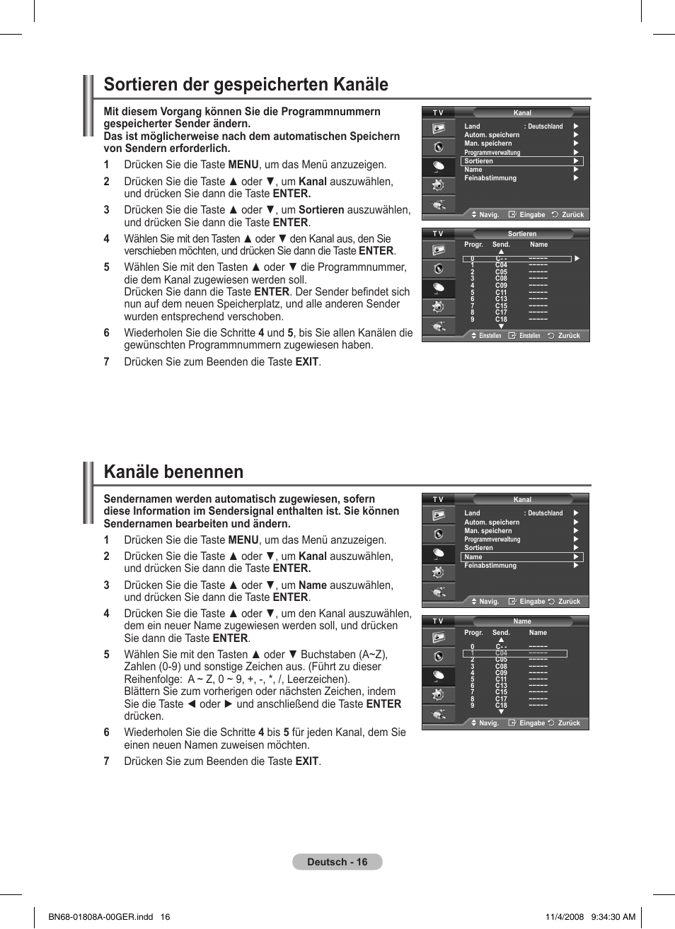 Sortieren der gespeicherten kanäle, Kanäle benennen | Samsung PS50A410C1 User Manual | Page 91 / 455