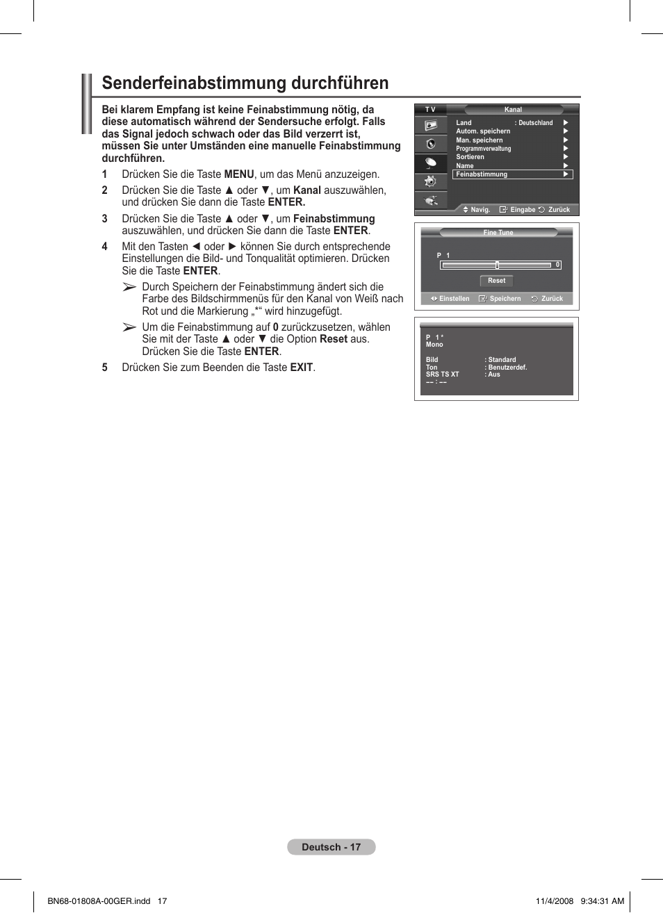 Senderfeinabstimmung durchführen | Samsung PS50A410C1 User Manual | Page 92 / 455