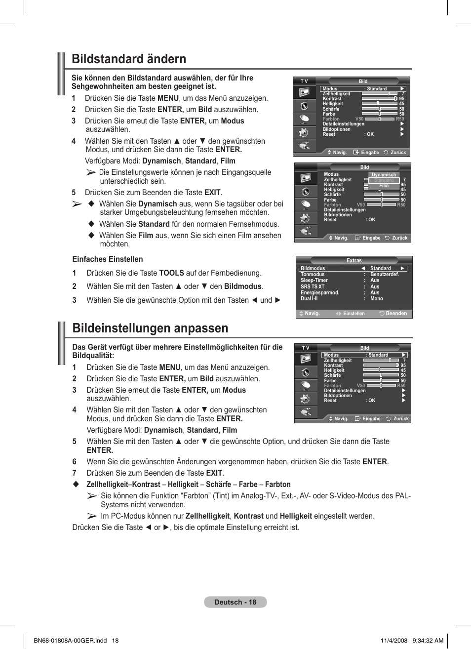 Bildeinstellungen anpassen, Bildstandard ändern, Wählen sie standard für den normalen fernsehmodus | Samsung PS50A410C1 User Manual | Page 93 / 455