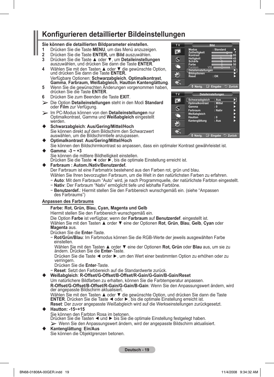 Konfigurieren detaillierter bildeinstellungen | Samsung PS50A410C1 User Manual | Page 94 / 455