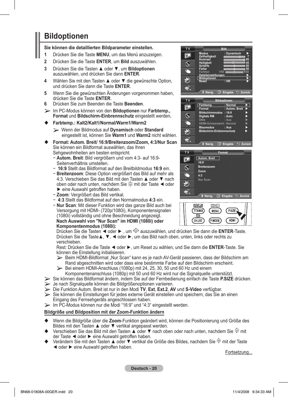 Bildoptionen | Samsung PS50A410C1 User Manual | Page 95 / 455