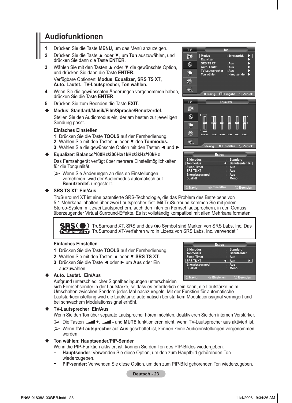 Audiofunktionen | Samsung PS50A410C1 User Manual | Page 98 / 455