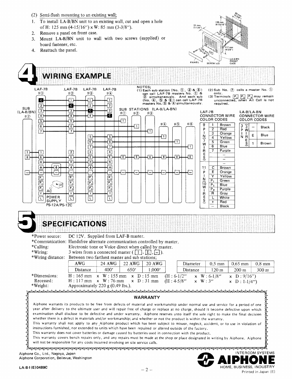 Wiring example, Specifications, Aiphone | Aiphone LA-B User Manual | Page 2 / 2