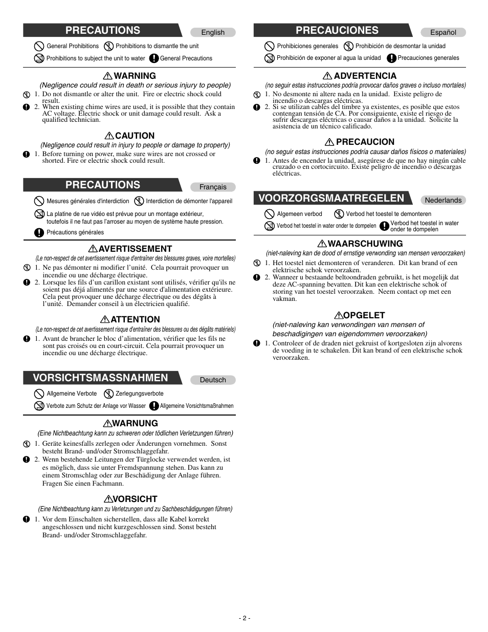 Precautions, Precauciones, Voorzorgsmaatregelen | Vorsichtsmassnahmen | Aiphone JB-DVF User Manual | Page 2 / 8
