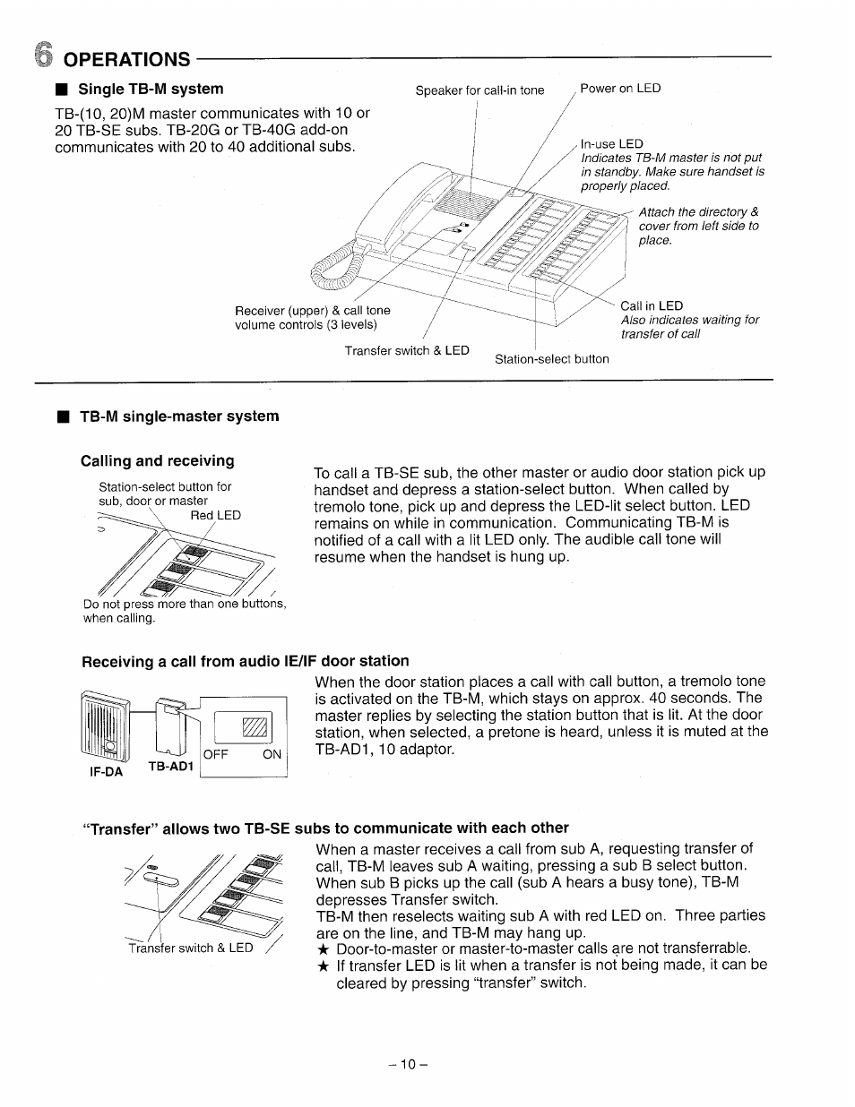 Single tb-m system, Tb-m single-master system, Calling and receiving | Receiving a call from audio le/if door station, Operations | Aiphone TB-10M User Manual | Page 10 / 12