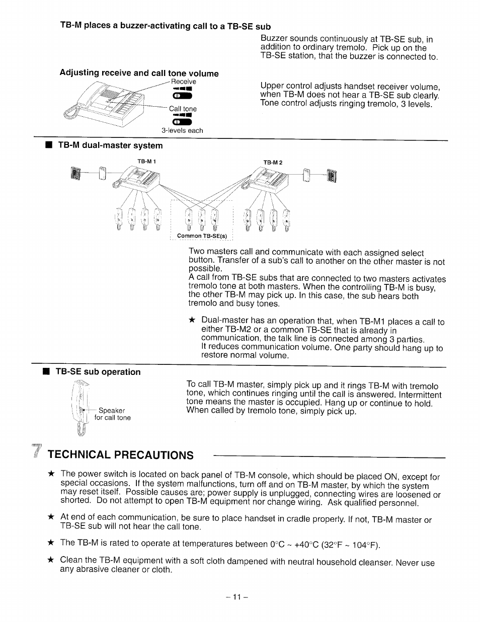 Tb-se sub operation, Technical precautions, 7 technical precautions | Aiphone TB-10M User Manual | Page 11 / 12