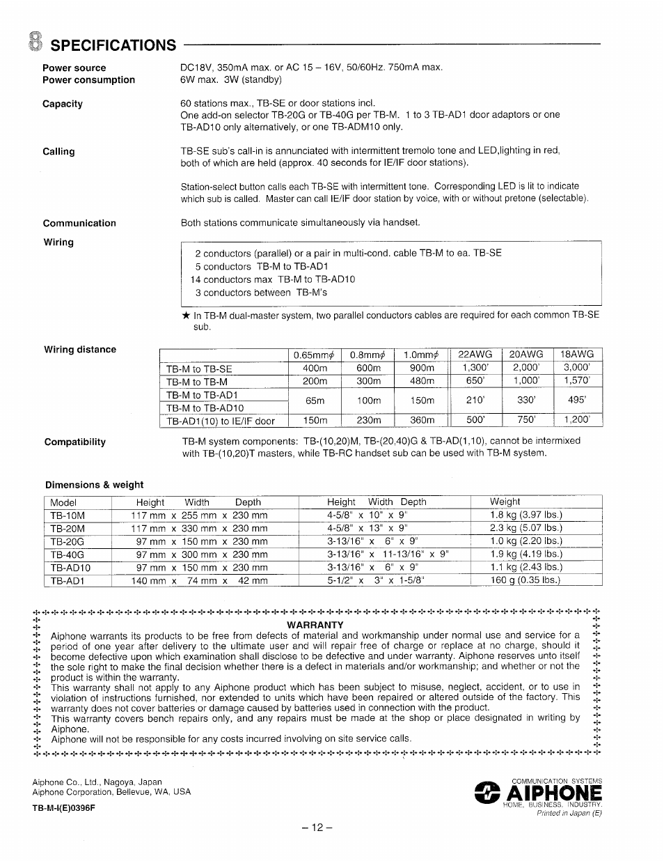 Aiphone, Specifications | Aiphone TB-10M User Manual | Page 12 / 12