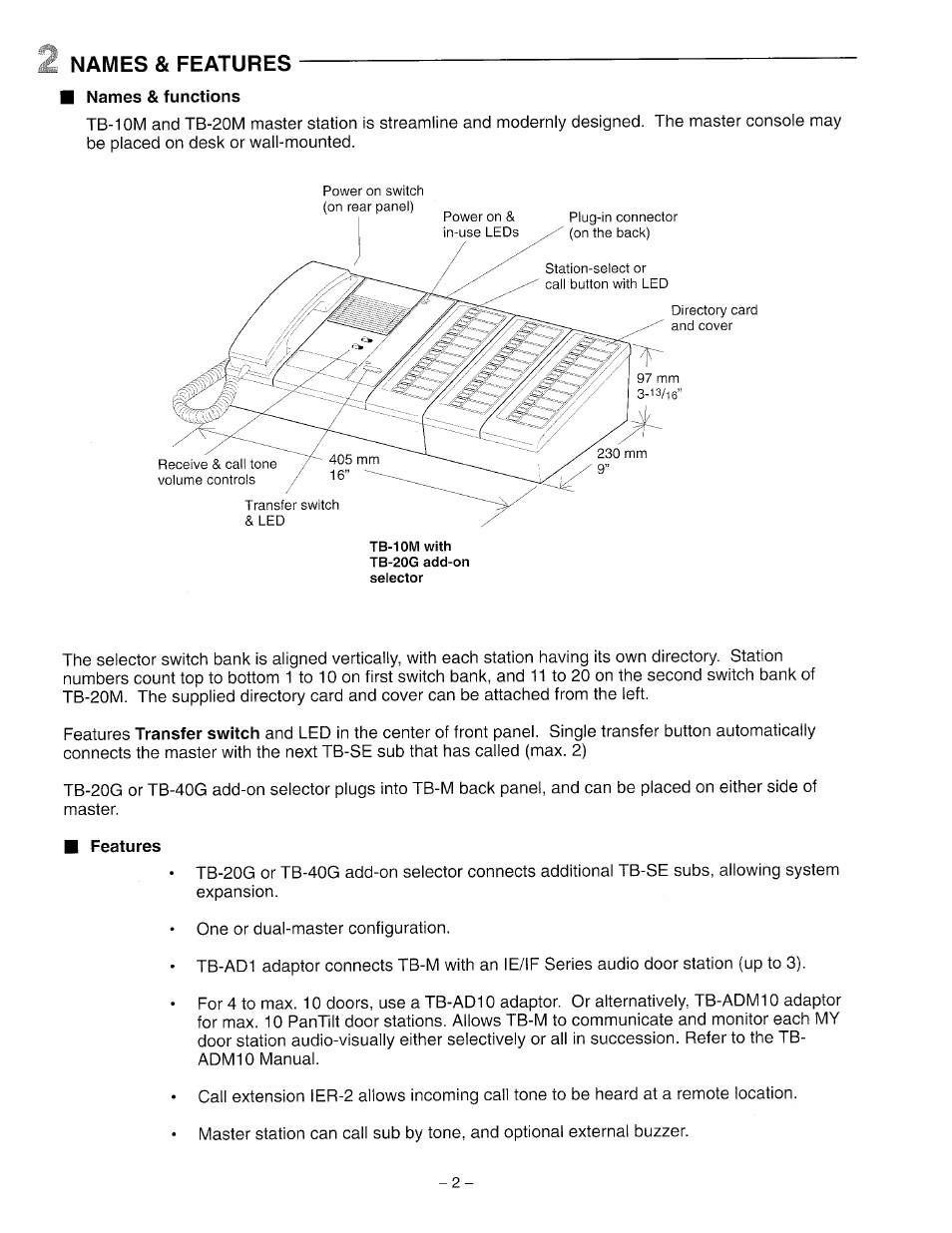 Names & features, 2 names & features | Aiphone TB-10M User Manual | Page 2 / 12
