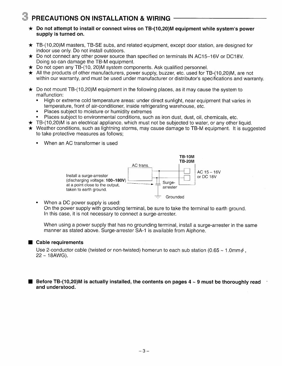 Precautions on installation & wiring, Cable requirements, 3 precautions on installation & wiring | Aiphone TB-10M User Manual | Page 3 / 12