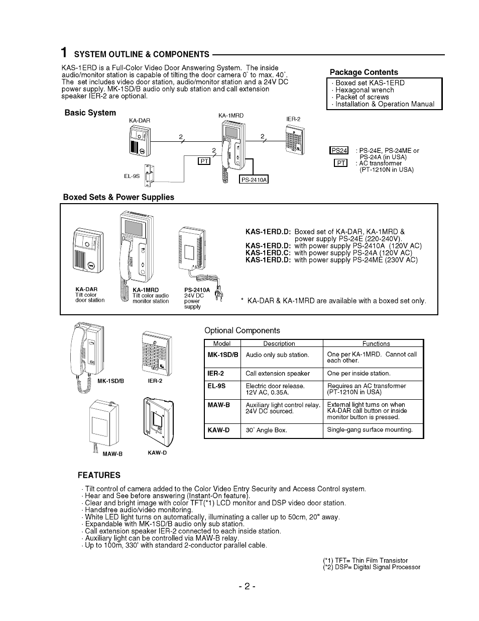 System outline & components, Basic system, Package contents | Boxed sets & power supplies, Features | Aiphone KA-1MRD User Manual | Page 2 / 6