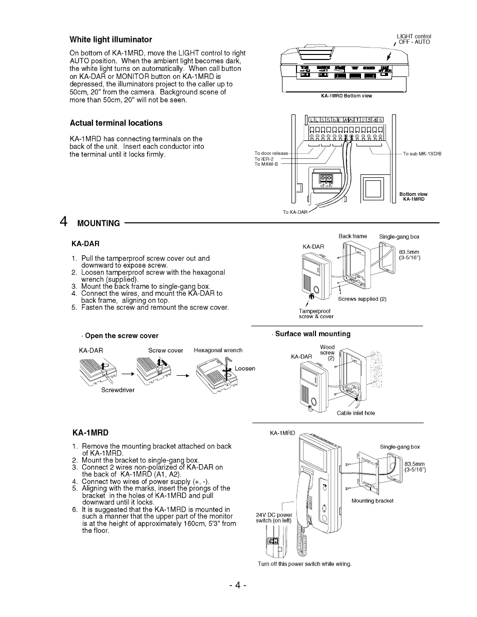 White light illuminator, Actual terminal locations, Mounting | Ka-1 mrd | Aiphone KA-1MRD User Manual | Page 4 / 6