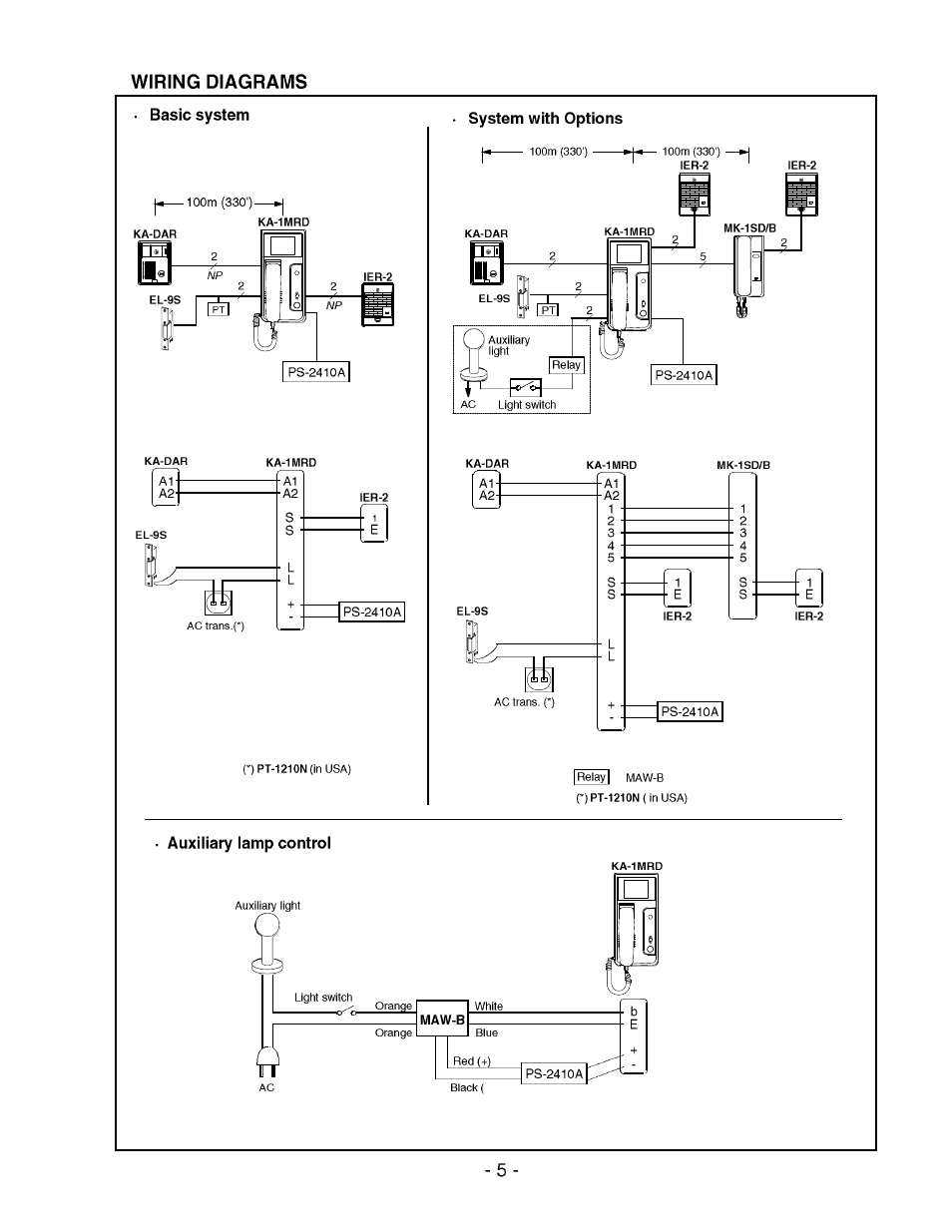 System with options, Auxiiiary iamp controi, Wiring diagrams | Aiphone KA-1MRD User Manual | Page 5 / 6