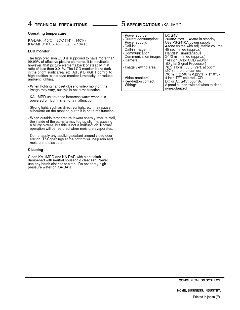 Technical precautions, Specifications (ka-1mrd) | Aiphone KA-1MRD User Manual | Page 6 / 6