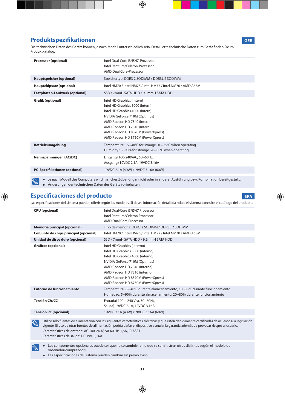 Produktspezifikationen, Especificaciones del producto | Samsung NP270E5V User Manual | Page 11 / 27