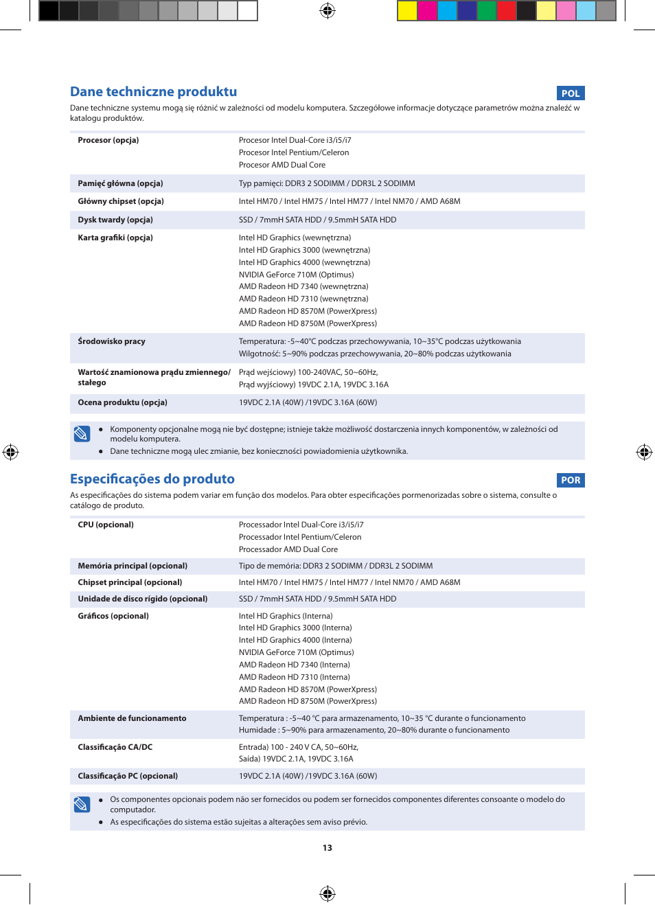 Dane techniczne produktu, Especificações do produto | Samsung NP270E5V User Manual | Page 13 / 27
