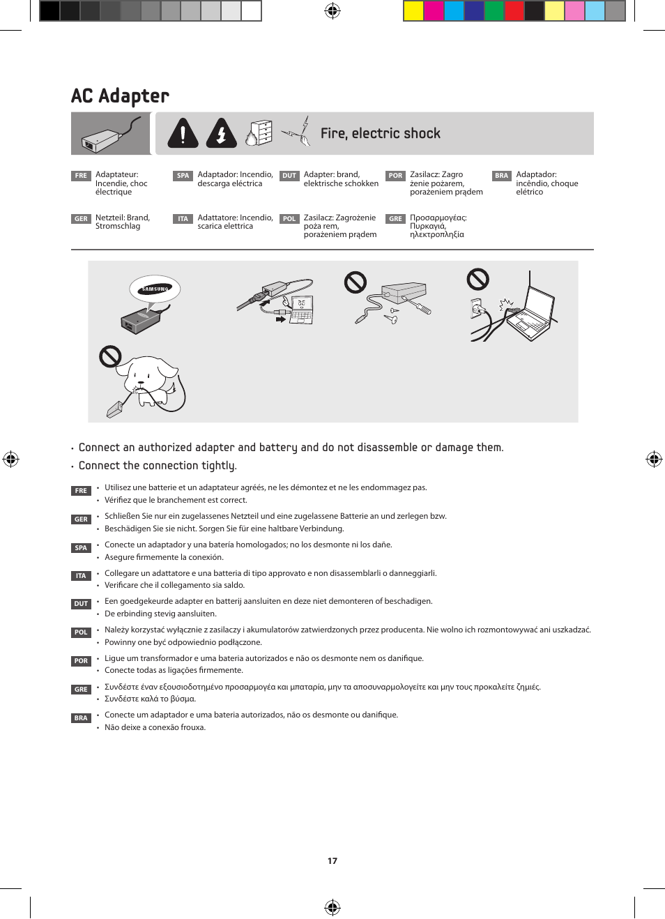Ac adapter, Fire, electric shock, Connect the connection tightly | Samsung NP270E5V User Manual | Page 17 / 27