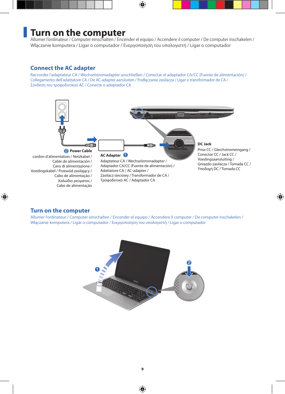 Connect the ac adapter, Turn on the computer | Samsung NP270E5V User Manual | Page 9 / 27