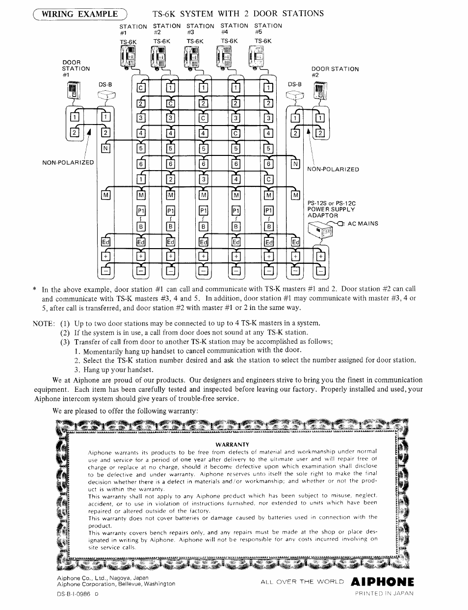 Aiphone, Wiring example, Ts-6k system with 2 door stations | Aiphone DS-B User Manual | Page 2 / 2