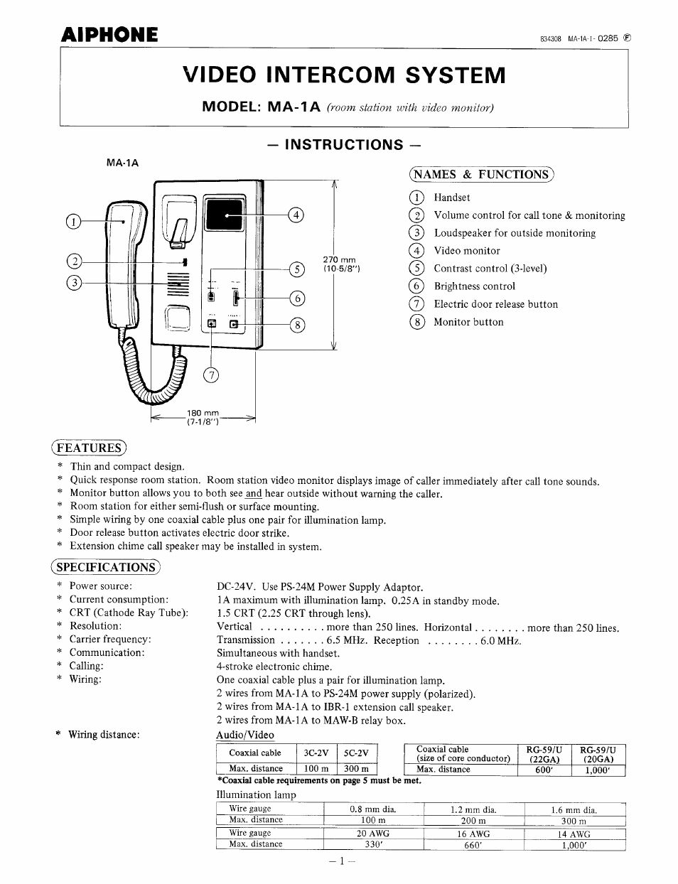 Aiphone MA-1A User Manual | 6 pages