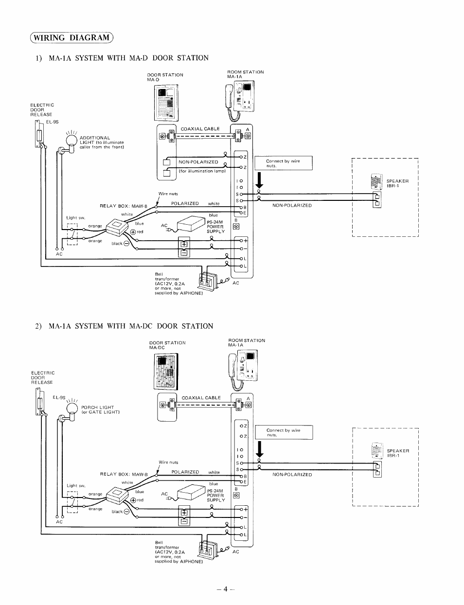 Wiring diagram), Wiring, Diagram | 1) ma-ia system with ma-d door station, 2) ma-ia system with ma-dc door station | Aiphone MA-1A User Manual | Page 4 / 6