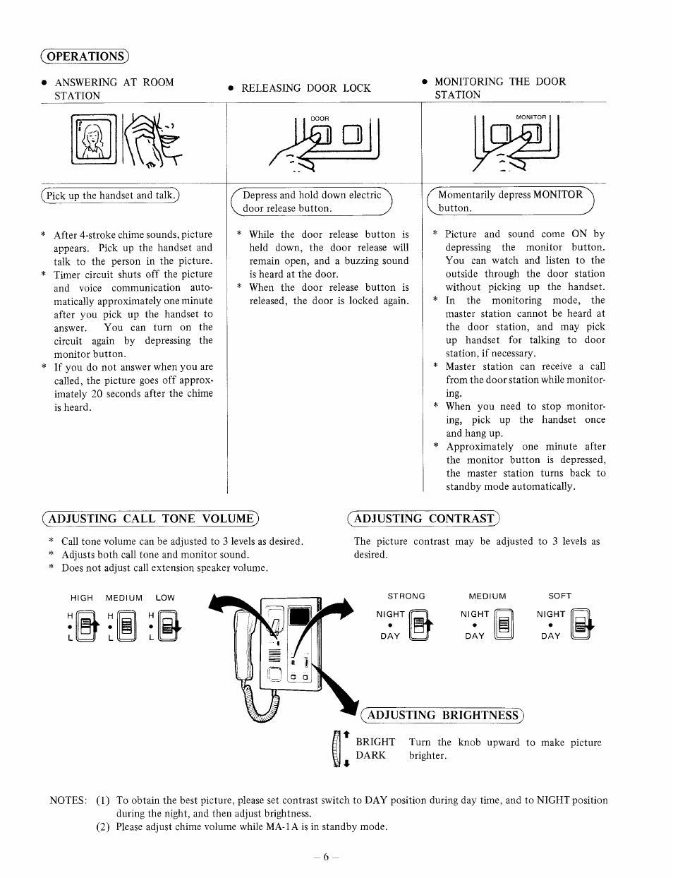 Operations), Adjusting call tone volum, Justing contra | Aiphone MA-1A User Manual | Page 6 / 6
