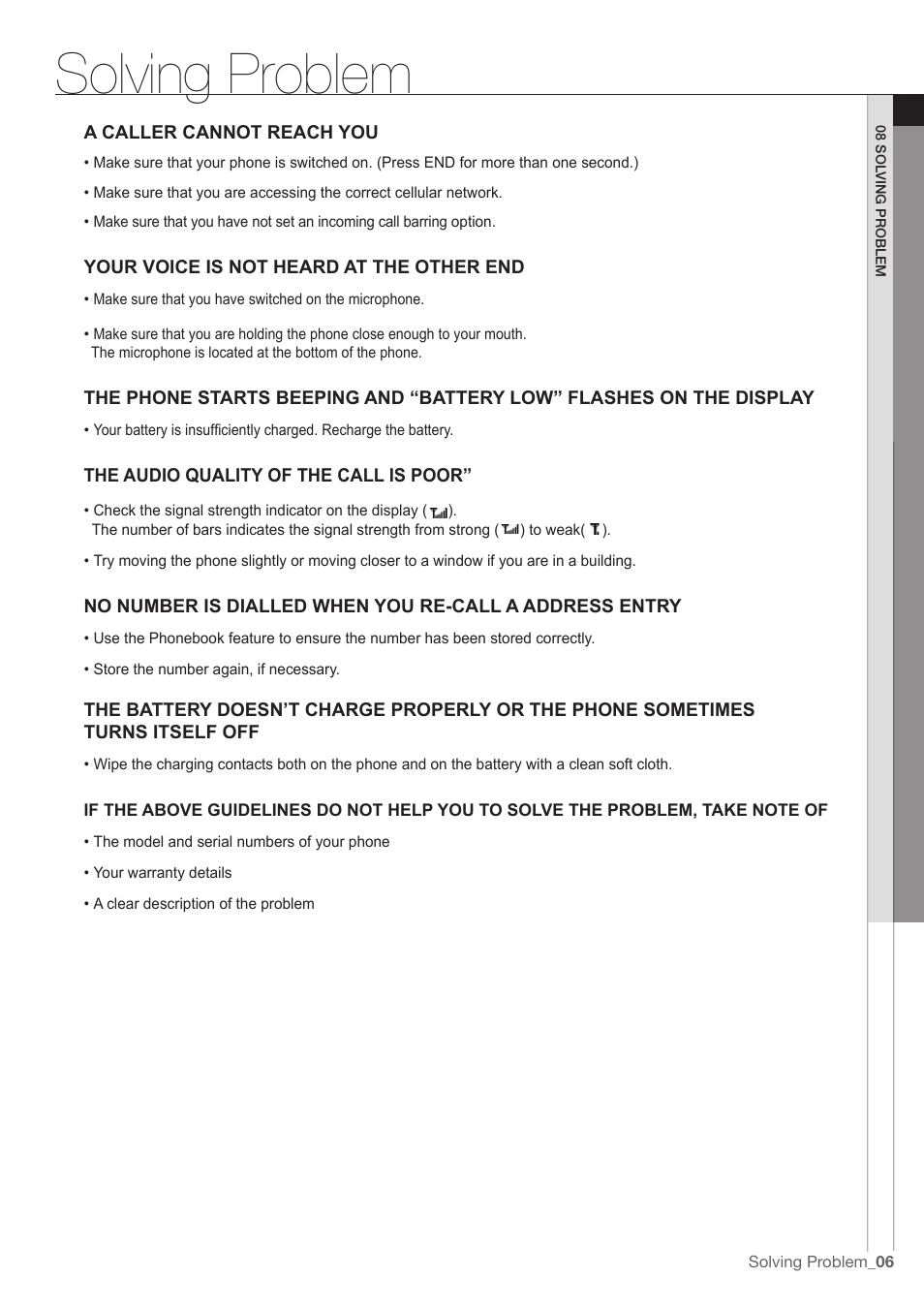 Solving problem | Samsung SGH-L760G User Manual | Page 7 / 7