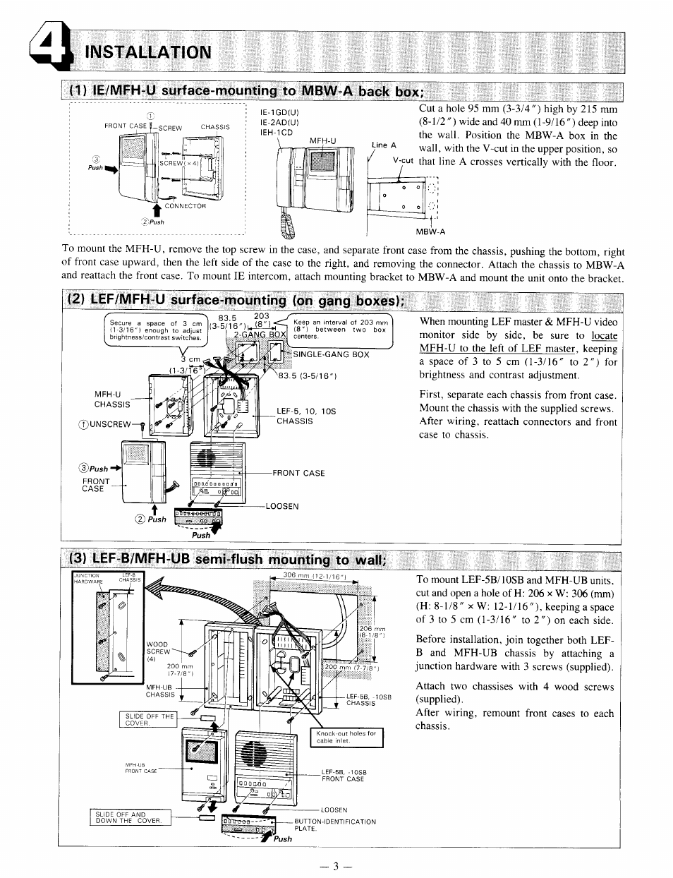 Installation, 1) le/mfh-u surface-mounting to mbw-a back box, 2) lef/mfh-u surface-mounting (on gang boxes) | 3) lef-b/mfh-ub semi-flush mounting to wall | Aiphone MFH-U User Manual | Page 3 / 6