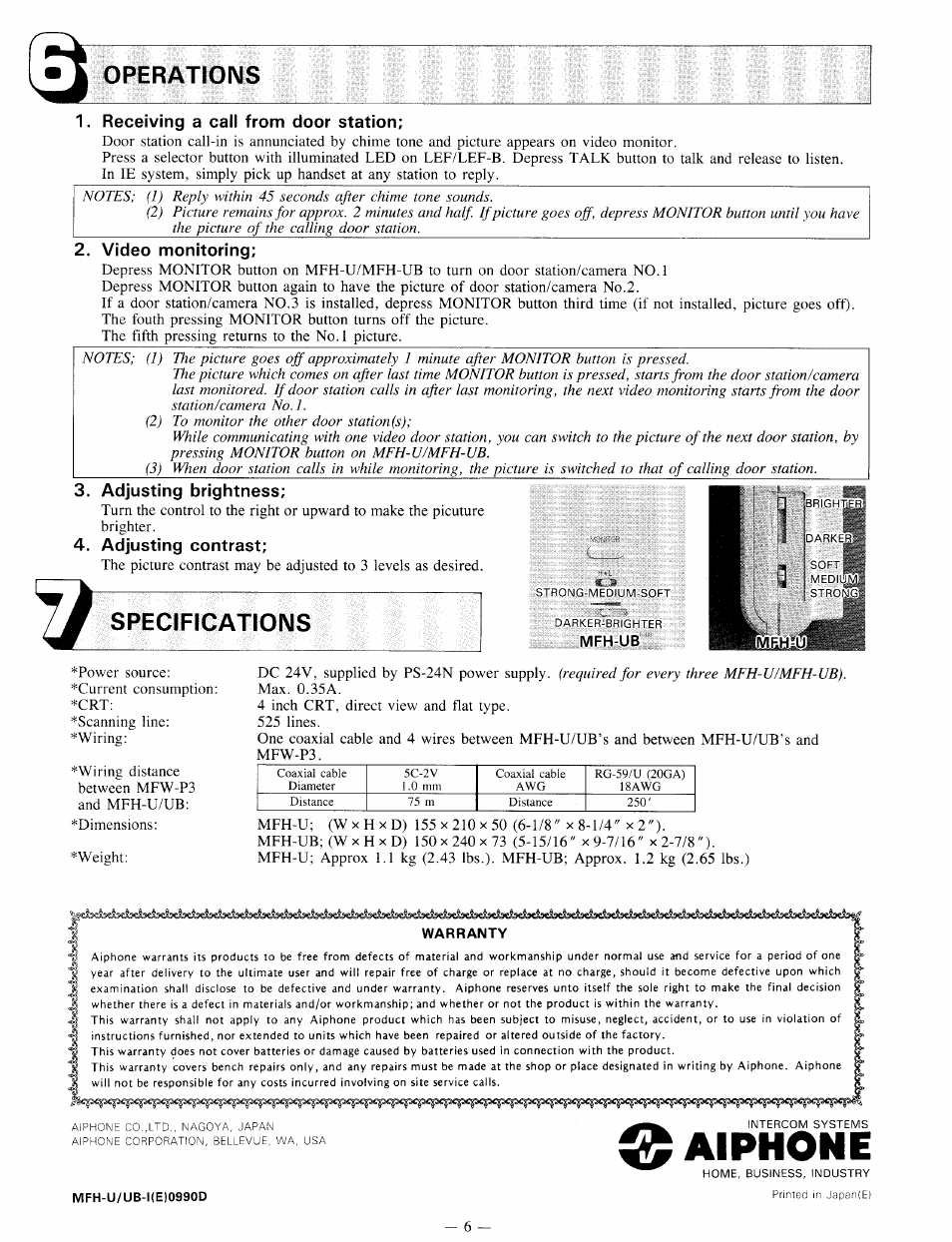Receiving a call from door station, Video monitoring, Adjusting brightness | Adjusting contrast, Specifications, Aiphone, Operations 1. receiving a call from door station | Aiphone MFH-U User Manual | Page 6 / 6
