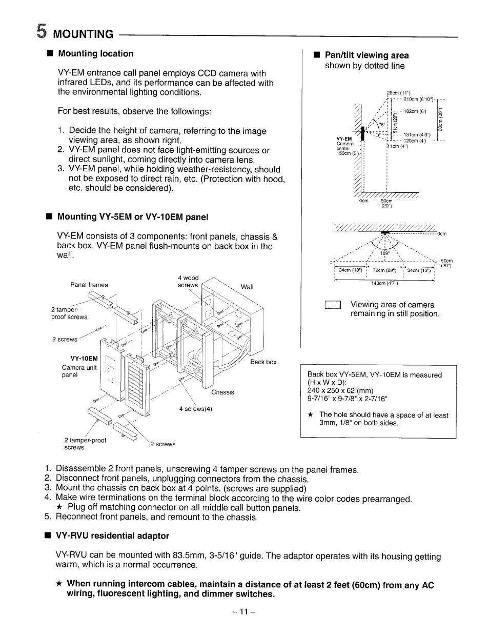 Mounting, Mounting location, Mounting vy-5em or vy-10em panel | Vy-rvu residential adaptor | Aiphone VY-5EM User Manual | Page 11 / 16