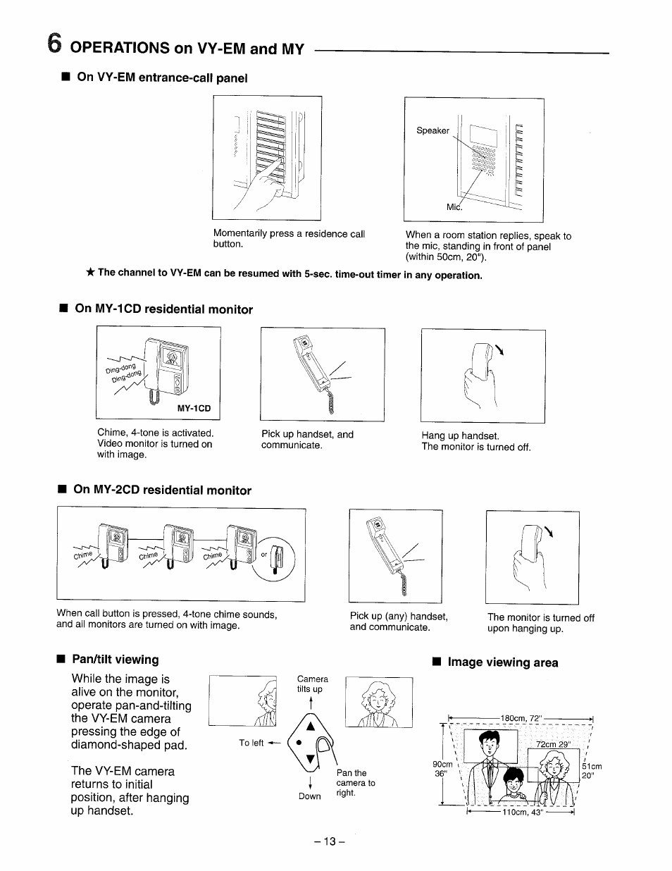 6 operations on vy-em and my, On vy-em entrance-call panel, On my-1cd residential monitor | On my-2cd residential monitor, Pan/tiit viewing, 6 operations on vy-em and my 3 - 1 4 | Aiphone VY-5EM User Manual | Page 13 / 16
