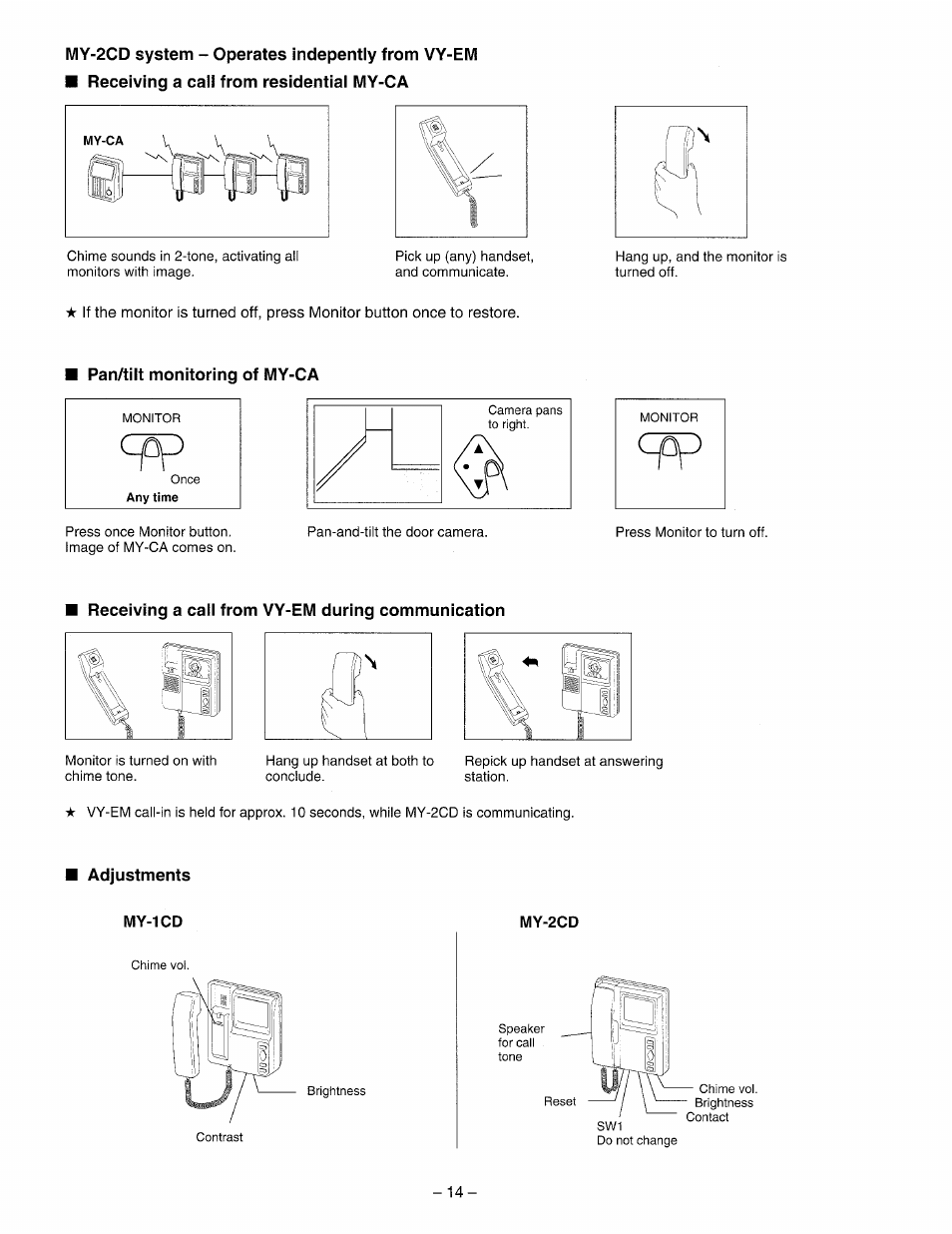 Pan/tilt monitoring of my-ca, Receiving a caii from vy-em during communication, Adjustments | Aiphone VY-5EM User Manual | Page 14 / 16