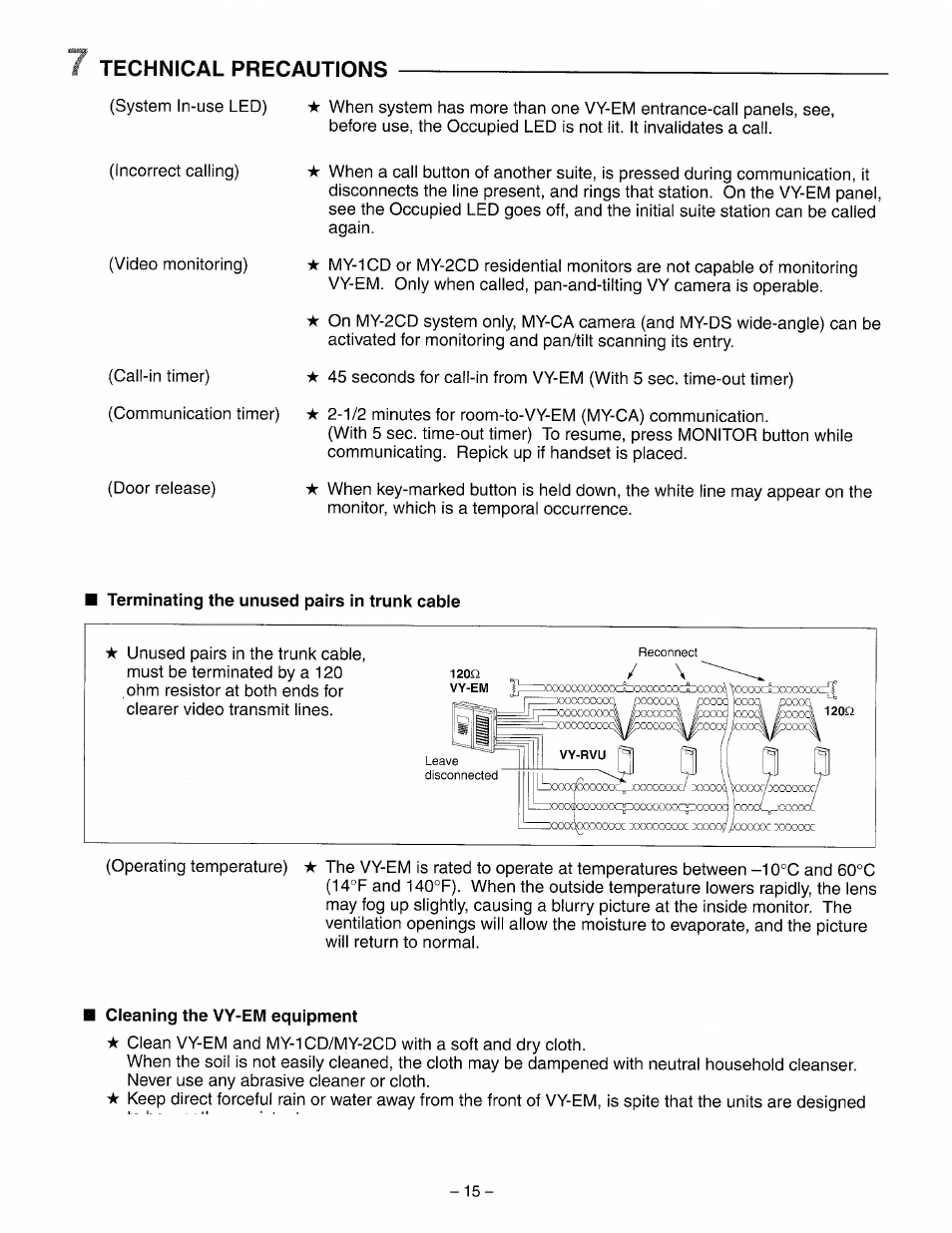 Terminating the unused pairs in trunk cable, Cleaning the vy-em equipment, Technical precautions | Aiphone VY-5EM User Manual | Page 15 / 16