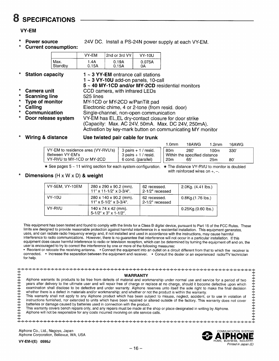 8 specifications, Vy-em, Power source | Station capacity, Wiring & distance, Aiphone | Aiphone VY-5EM User Manual | Page 16 / 16
