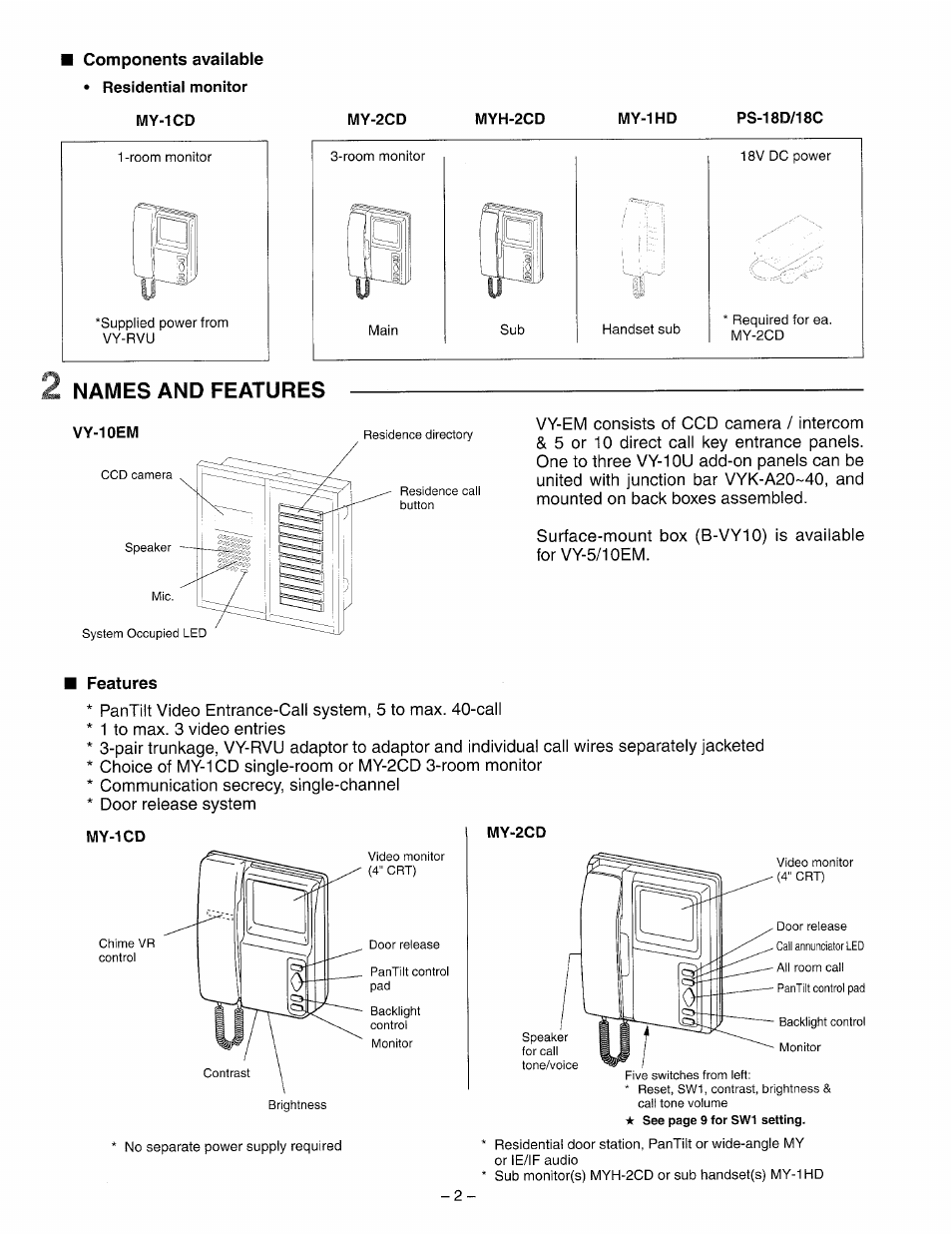 Names and features, Features, 2 names & features | Aiphone VY-5EM User Manual | Page 2 / 16