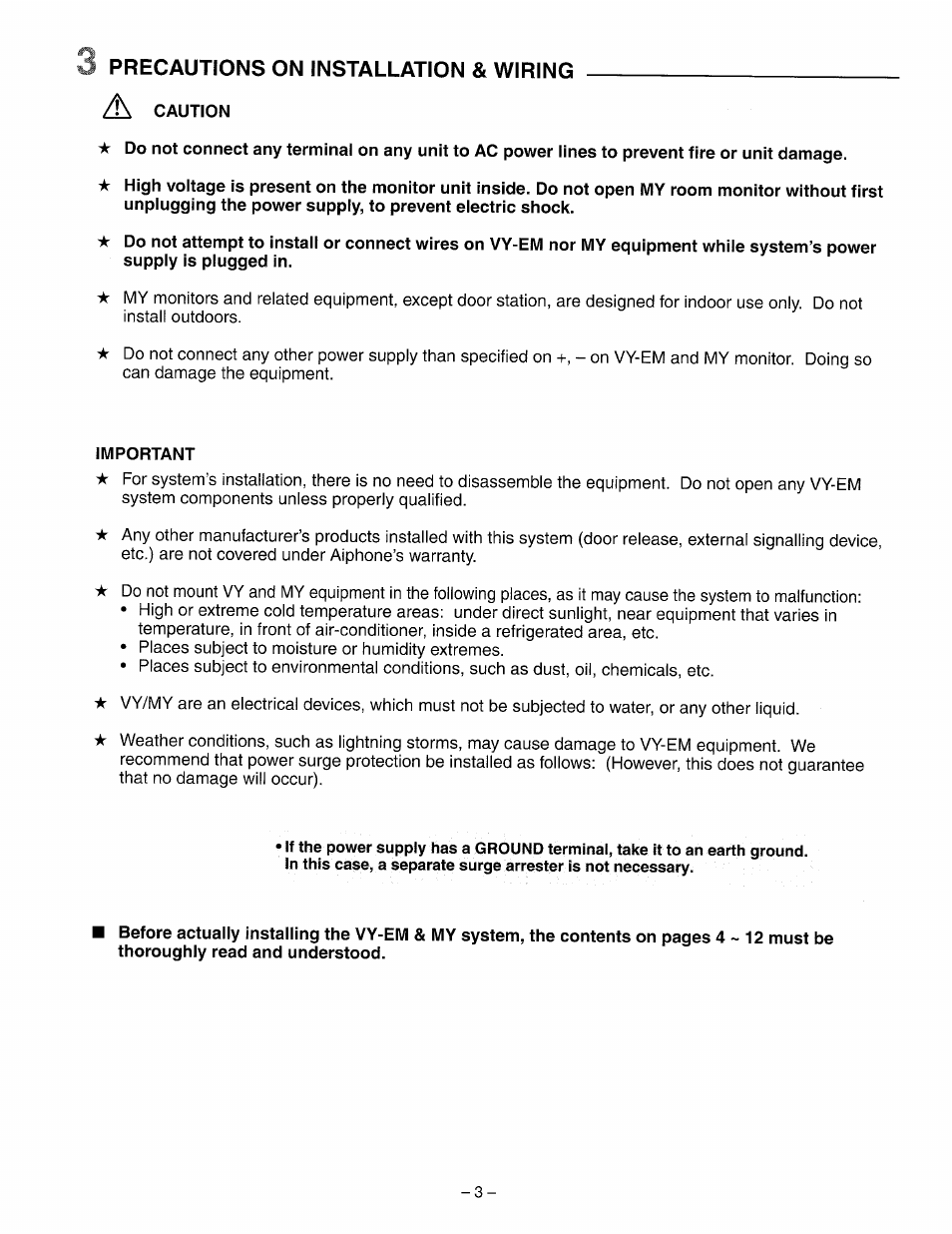 I precautions on installation & wiring, A caution, Important | 3 precautios on installation & wiring | Aiphone VY-5EM User Manual | Page 3 / 16