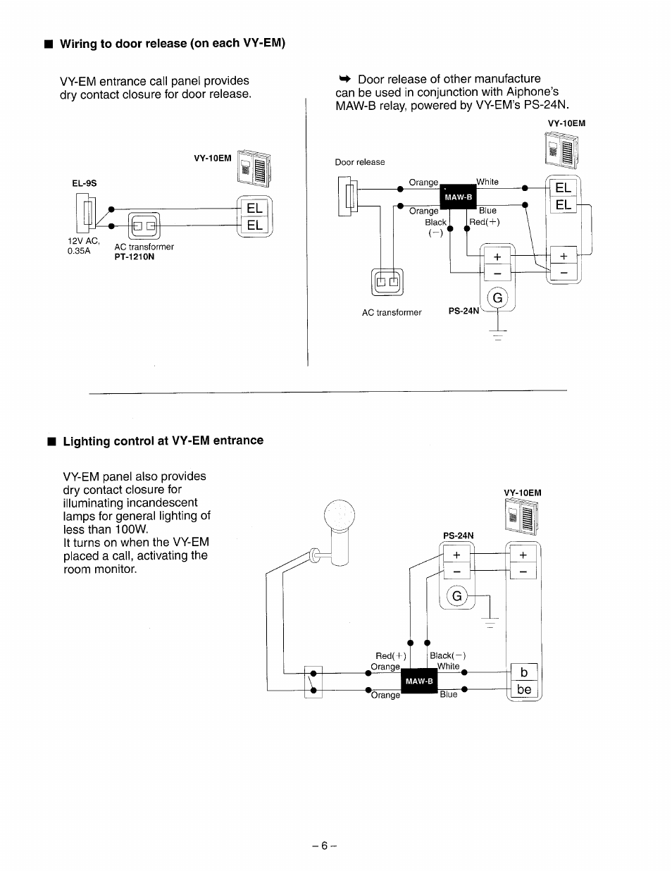 Wiring to door release (on each vy-em), Lighting control at vy-em entrance | Aiphone VY-5EM User Manual | Page 6 / 16